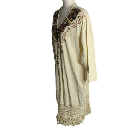 Vintage 90s Hand Painted T Shirt Dress M Cream Crochet Knit Fringe Pockets - Picture 8 of 10